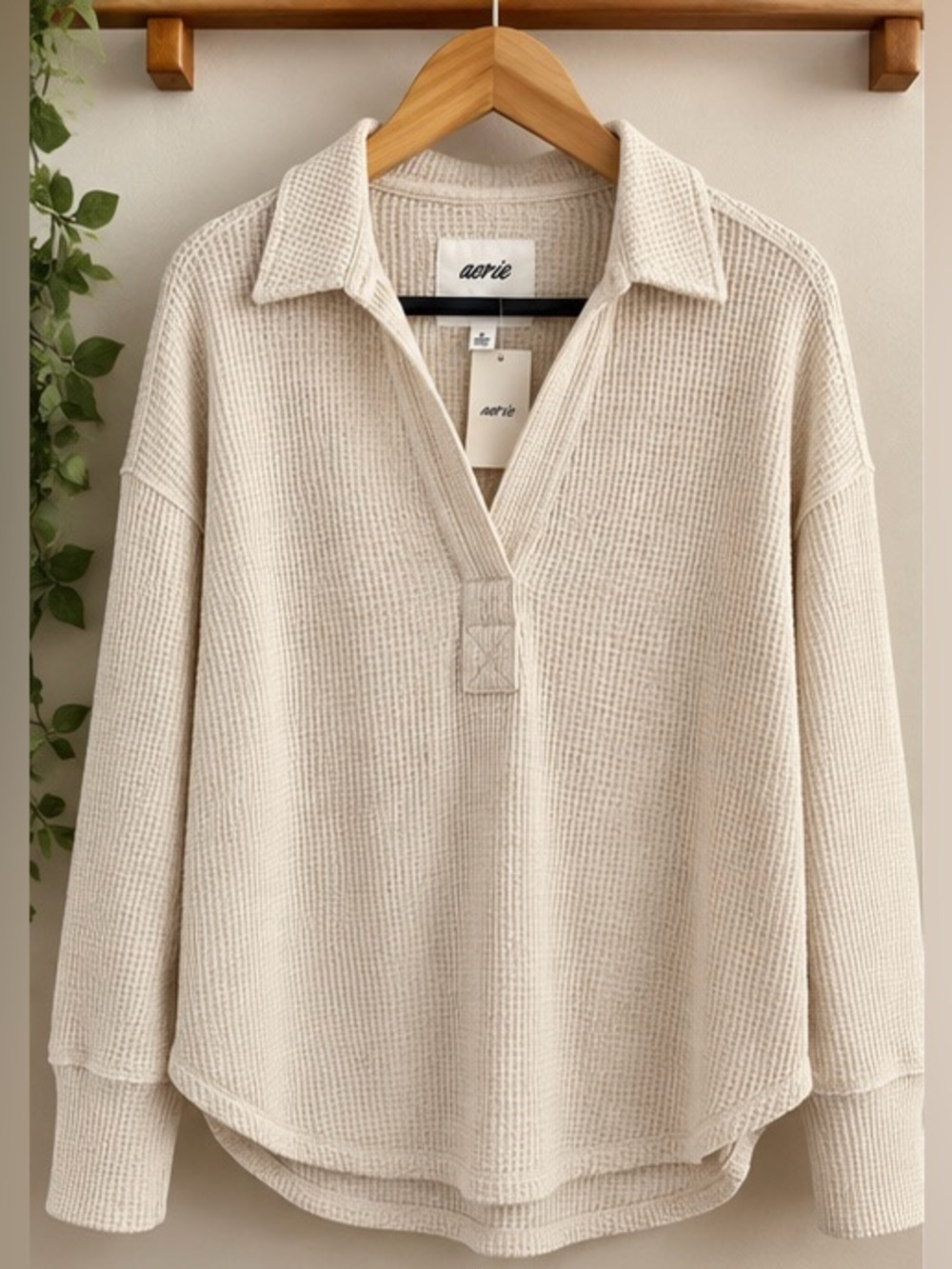 Aerie LumberJane Waffle Polo Sweatshirt Frost Size S NWT